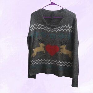 Aeropostale ugly christmas sweater reindeer with heart in gray, red, brown, red
